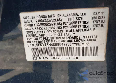 2011 Honda Pilot Ex из США, поврежденный, VIN 5FNYF3H48BB047730
